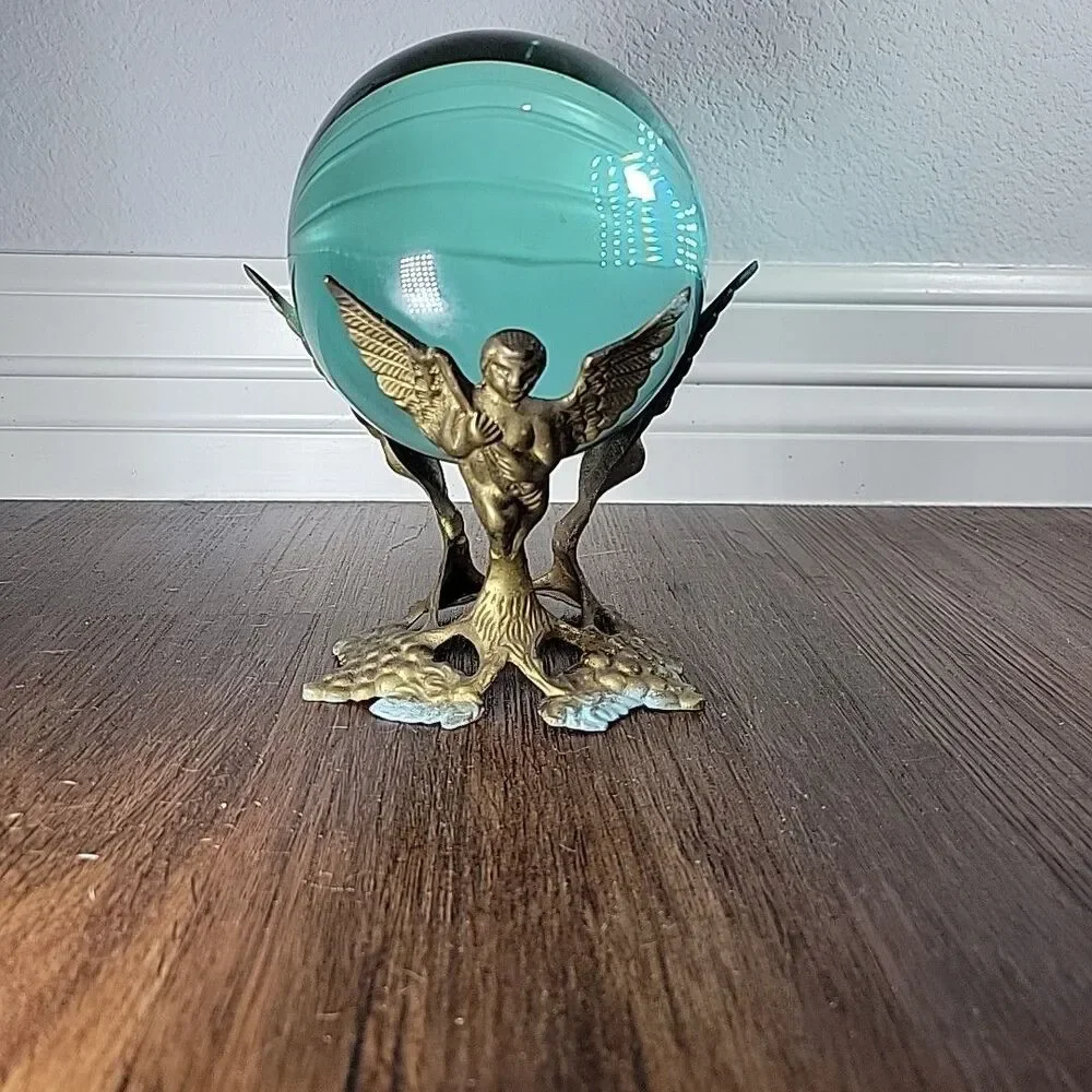 Vtg Brass Cherub Angel Baroque Bowl Orb Ball Holder Display Stand 5.5
